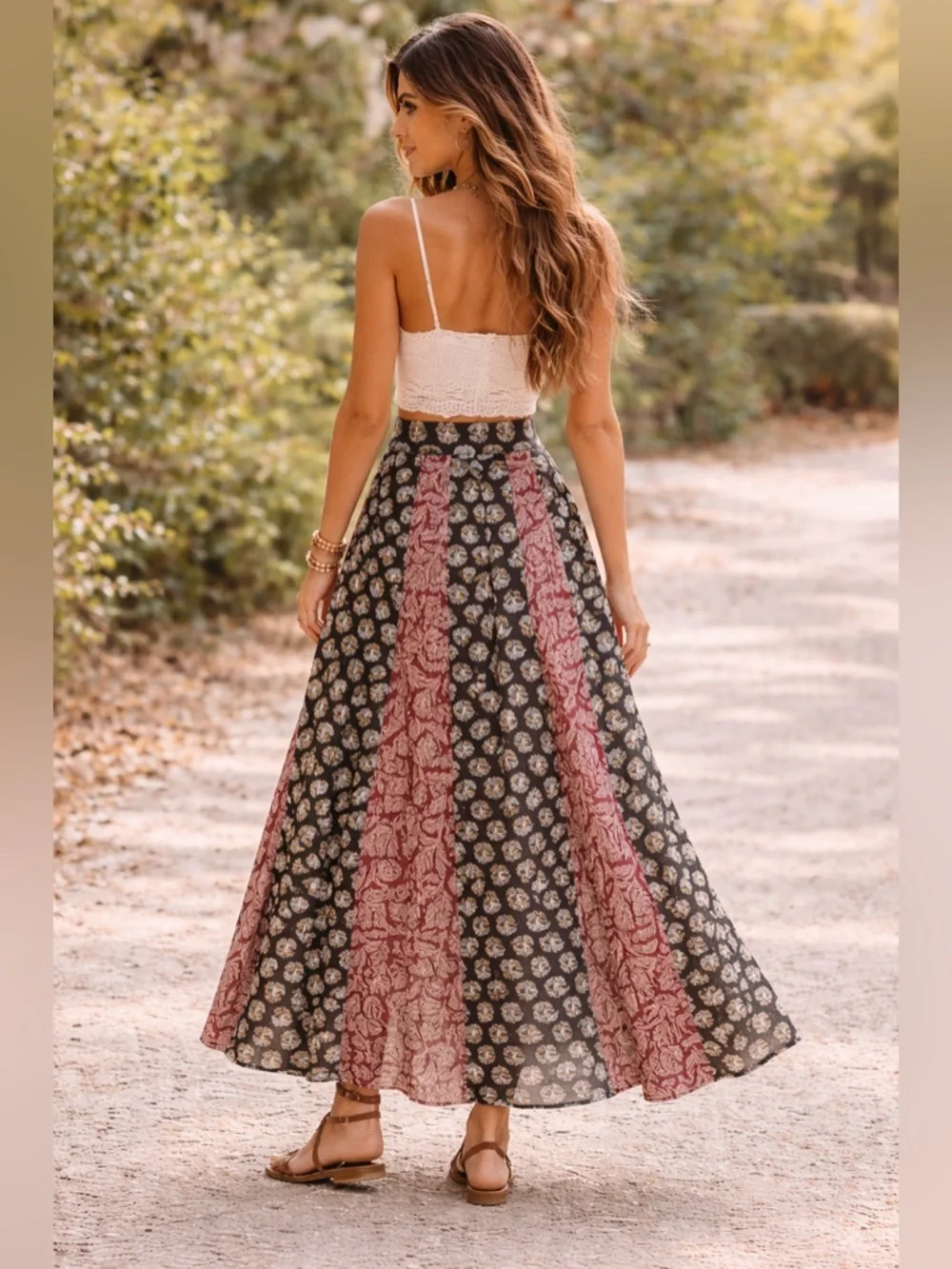 NATURAL LIFE Boho Flowy Maxi Skirt | Side Slit | Mixed Print Panel - Picture 6 of 8